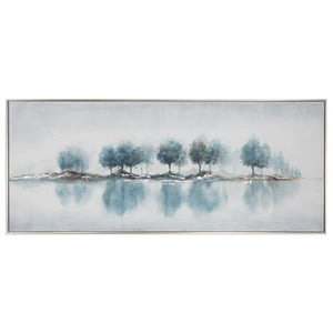 HomeRoots Blue Woods Hand-Painted Canvas in Silver Floater Frame – Stunning Wall Art for Modern Interiors 576594