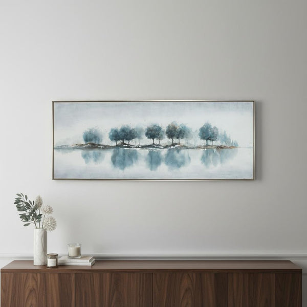 HomeRoots Blue Woods Hand-Painted Canvas in Silver Floater Frame – Stunning Wall Art for Modern Interiors 576594