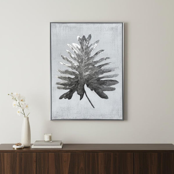 HomeRoots Silver Jungle Wall Art - Hand-Painted Silver Floater Frame Canvas for Modern Home Decor Elegance 576602