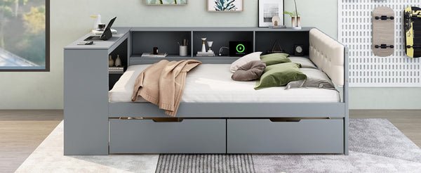 English Elm Wood Full Size Platform Bed With Stylish Storage Shelves, Charging Station, And Upholstered Headboard GX002108AAE-1-GIGA