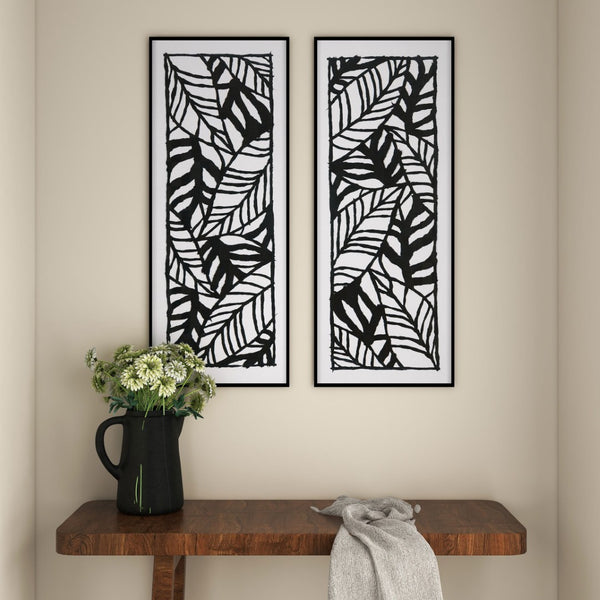 HomeRoots Modern Hand-Painted Palm Leaves Art in Black Floater Frame - Contemporary Tropical Décor for Home 576616