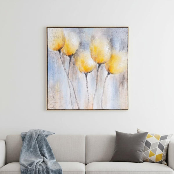 HomeRoots Sunny Blooms Hand-Painted Floral Canvas Wall Art in Elegant Gold Floater Frame for Modern Decor 576620