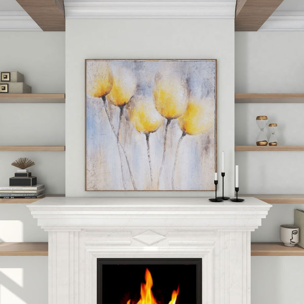 HomeRoots Sunny Blooms Hand-Painted Floral Canvas Wall Art in Elegant Gold Floater Frame for Modern Decor 576620