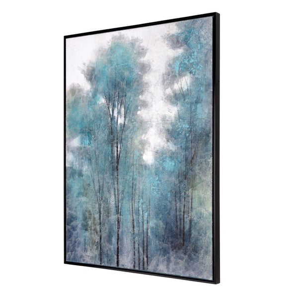 HomeRoots Aquamarine Forest Hand-Painted Canvas Art in Black Floater Frame - Serene Modern Home Decor Piece 576622