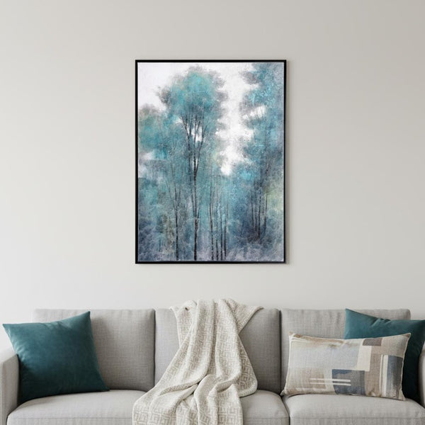 HomeRoots Aquamarine Forest Hand-Painted Canvas Art in Black Floater Frame - Serene Modern Home Decor Piece 576622