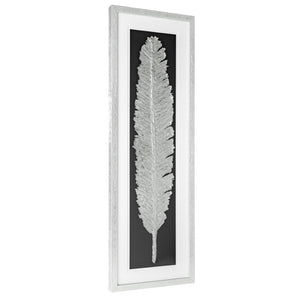 HomeRoots Metallic Feather Shadowbox Wall Art - Modern Textual Decor with Silver Accents for Chic Spaces 576635