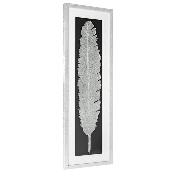 HomeRoots Metallic Feather Shadowbox Wall Art - Modern Textual Decor with Silver Accents for Chic Spaces 576635