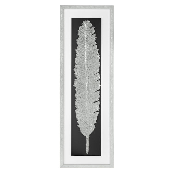 HomeRoots Metallic Feather Shadowbox Wall Art - Modern Textual Decor with Silver Accents for Chic Spaces 576635