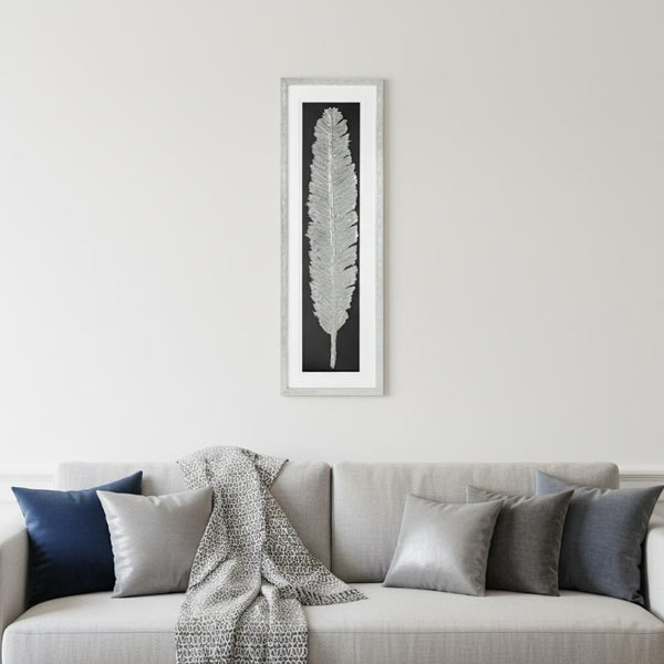HomeRoots Metallic Feather Shadowbox Wall Art - Modern Textual Decor with Silver Accents for Chic Spaces 576635