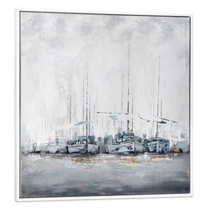 HomeRoots Clipper Hand-Painted Framed Canvas Nautical Wall Art - Large White Floater Frame for Stunning Decor 576668
