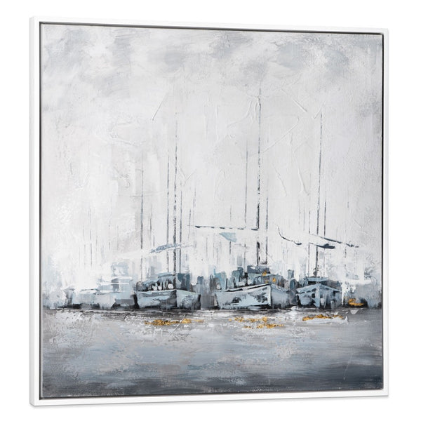 HomeRoots Clipper Hand-Painted Framed Canvas Nautical Wall Art - Large White Floater Frame for Stunning Decor 576668
