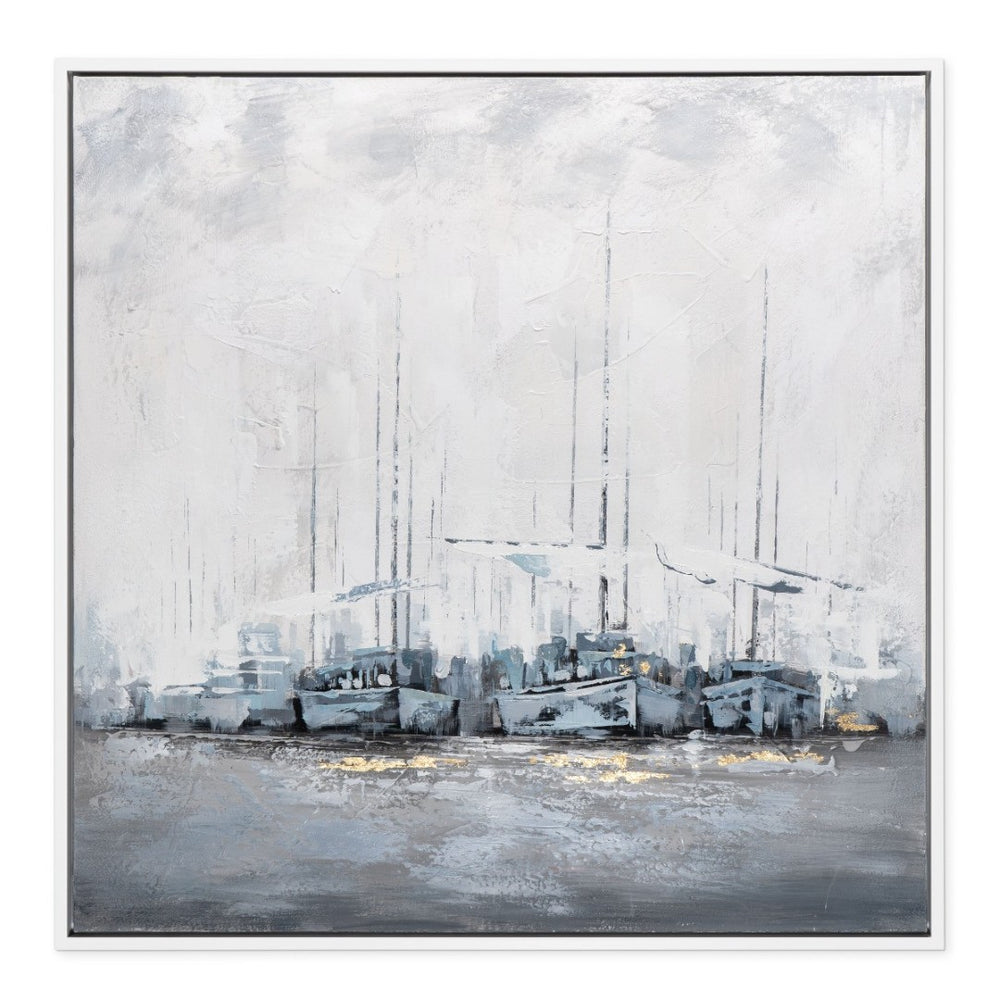 HomeRoots Clipper Hand-Painted Framed Canvas Nautical Wall Art - Large White Floater Frame for Stunning Decor 576668