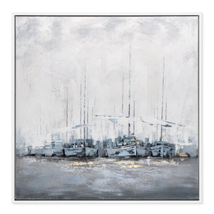 HomeRoots Clipper Hand-Painted Framed Canvas Nautical Wall Art - Large White Floater Frame for Stunning Decor 576668