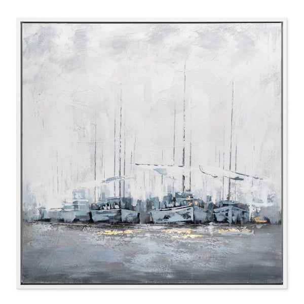HomeRoots Clipper Hand-Painted Framed Canvas Nautical Wall Art - Large White Floater Frame for Stunning Decor 576668