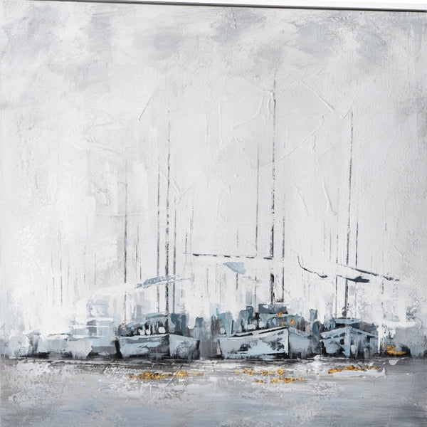 HomeRoots Clipper Hand-Painted Framed Canvas Nautical Wall Art - Large White Floater Frame for Stunning Decor 576668
