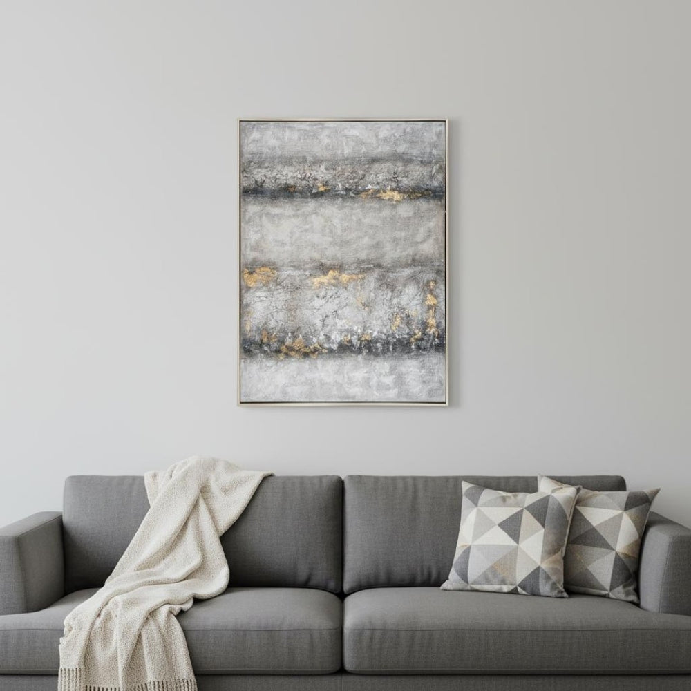 HomeRoots Dawning Hand-Painted Silver Floater Frame Art - Bold Modern Canvas for Elegant Home Décor Showcase 576671
