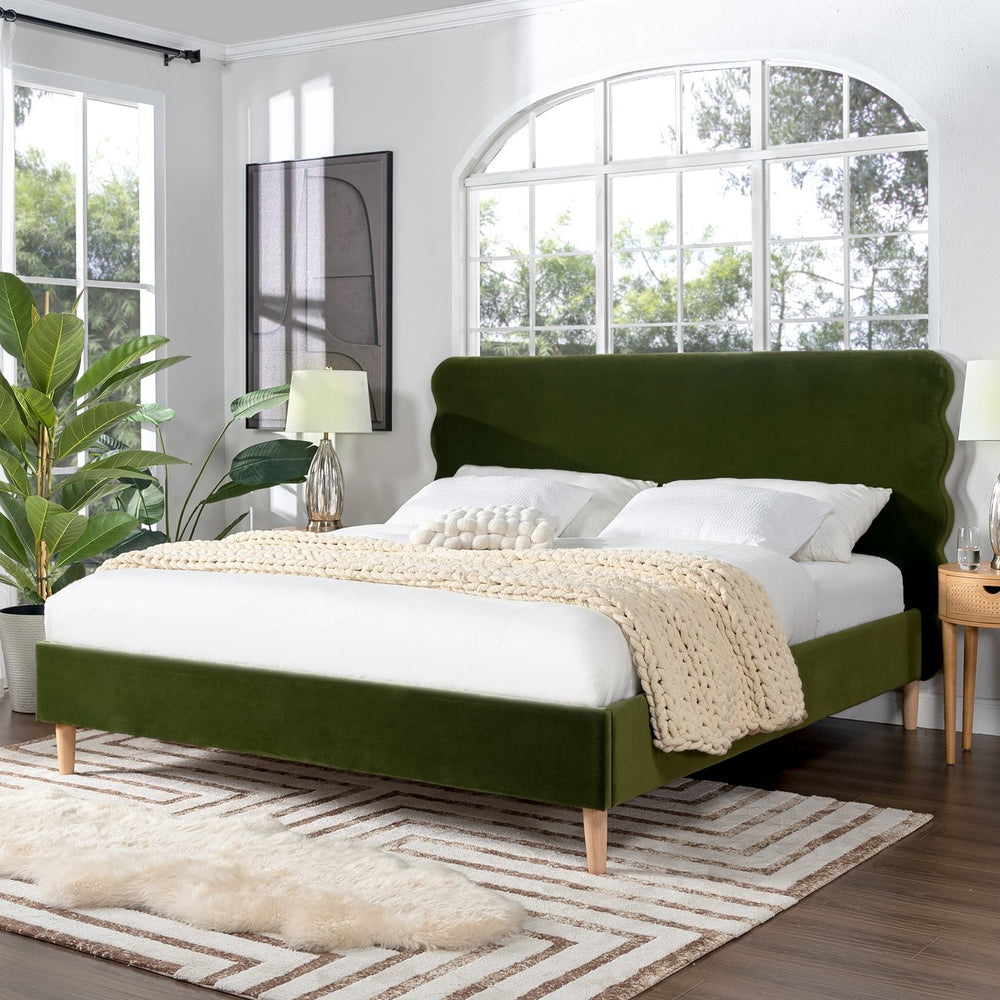 English Elm Jennifer Taylor Home - Stockholm King Platform Bed With Wavy Headboard In Olive Green Velvet - Stylish, Durable Comfort! B2719P238207