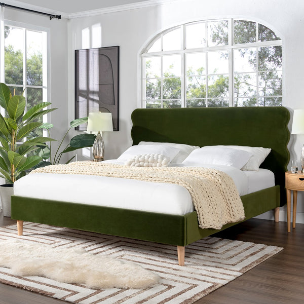 English Elm Jennifer Taylor Home - Stockholm King Platform Bed With Wavy Headboard In Olive Green Velvet - Stylish, Durable Comfort! B2719P238207