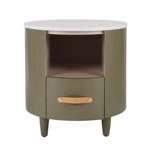 English Elm Christopher Knight Home® - Contemporary Round Nightstand with Drawer & Open Shelf, Curved Bedside Table with Leather Handles Green 22 L x 22 W x 19.75 H N761P285708F