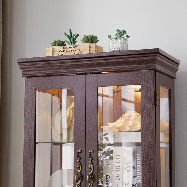 English Elm Lighted Glass Curio Display Cabinet with Quiet Hinge, Internal LED Lighting, Adjustable Shelves, Vintage Carved Handle Cherry W2275P199810