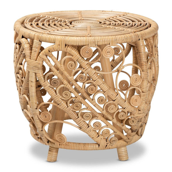 English Elm Modern Handcrafted Rattan Round End Table Bohemian Woven Accent for Living Room B2750P420344