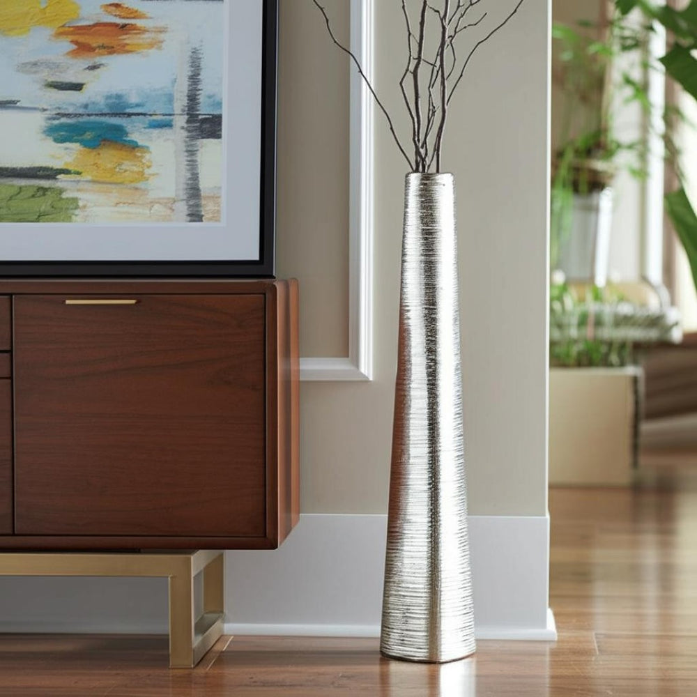 HomeRoots 40" Silver Striped Tapered Ceramic Floor Vase - Elegant Home Accent for Modern Décor & Floral Display 576735