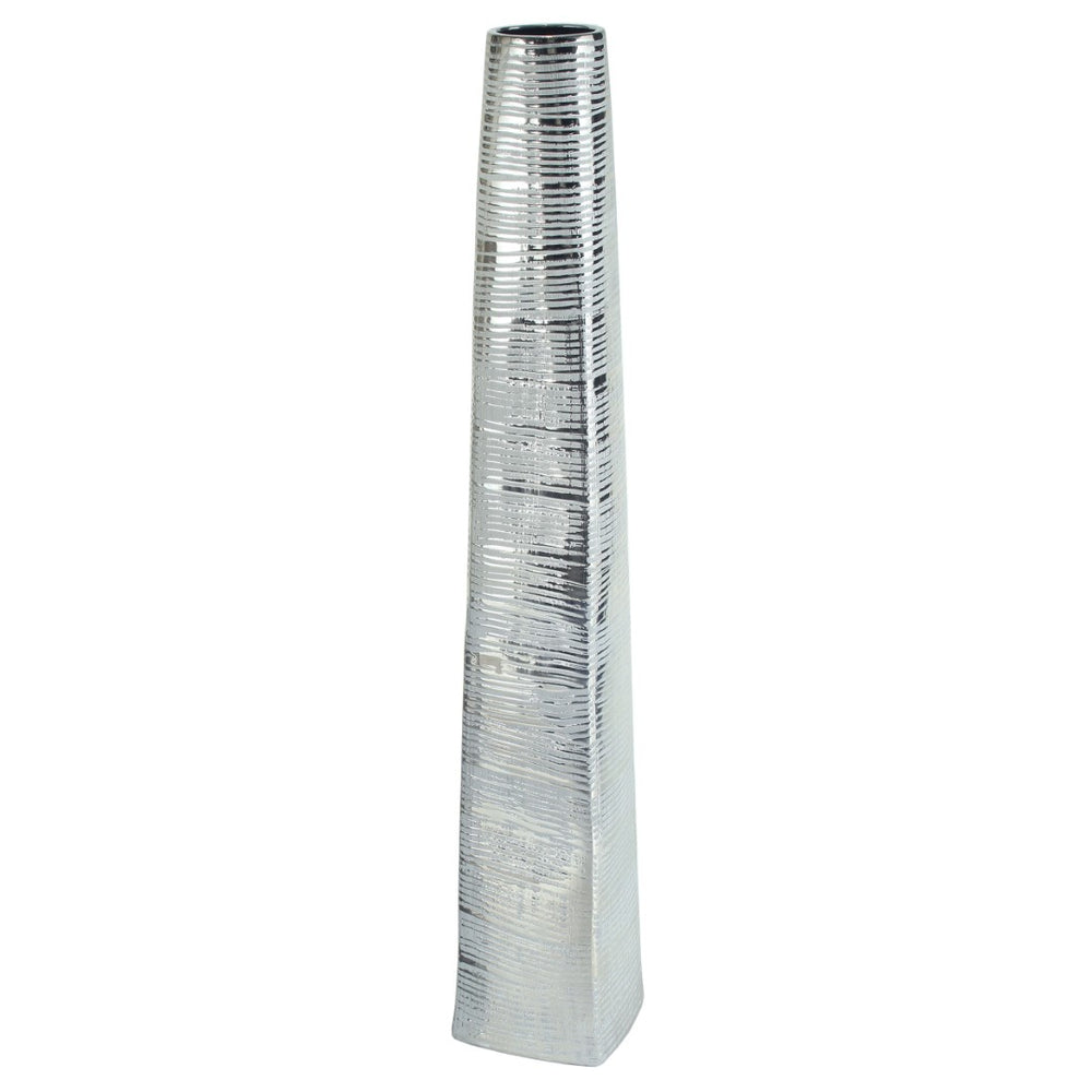 HomeRoots 48" Silver Striped Tapered Ceramic Floor Vase - Tall Decorative Piece for Home & Office Elegance 576736