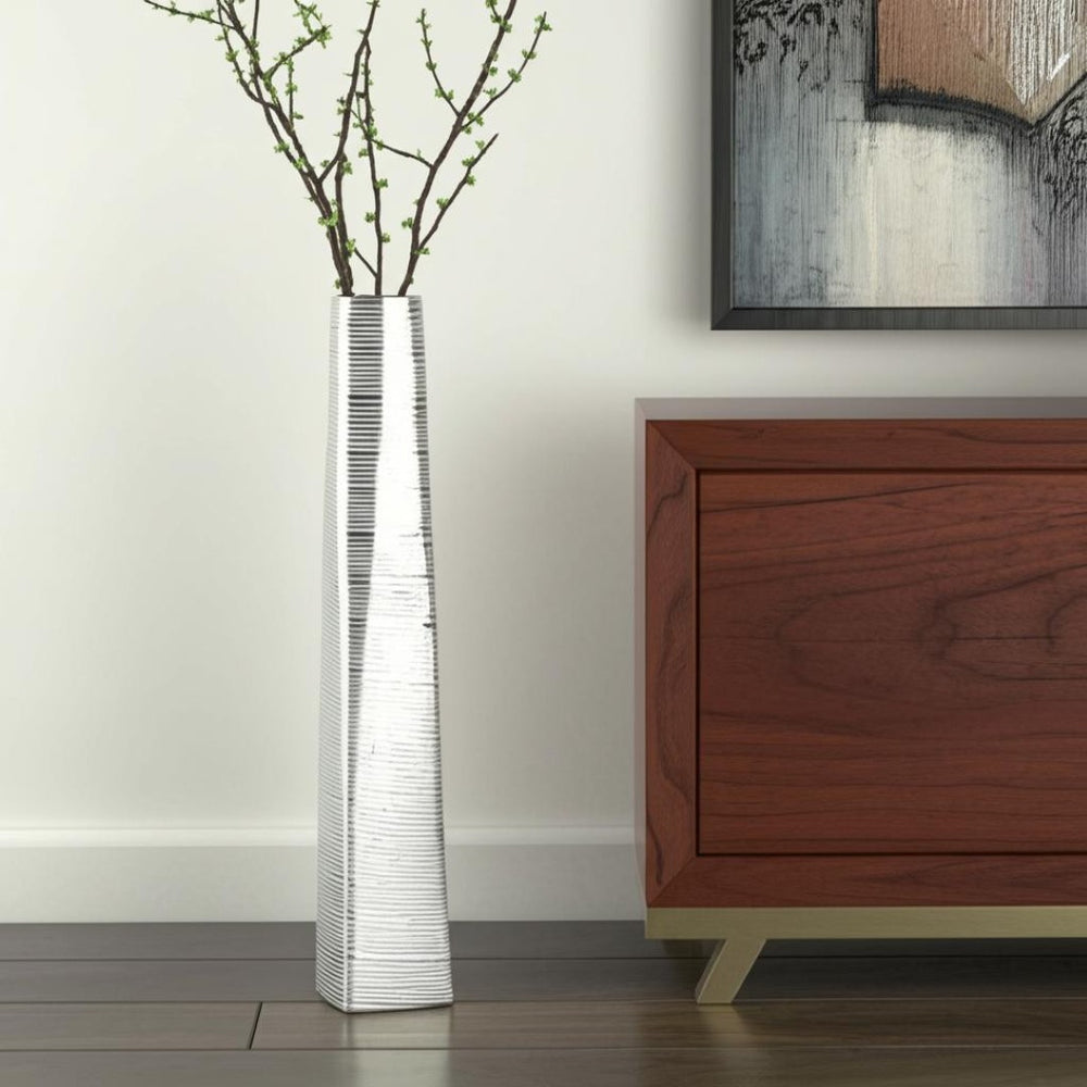 HomeRoots 48" Silver Striped Tapered Ceramic Floor Vase - Tall Decorative Piece for Home & Office Elegance 576736
