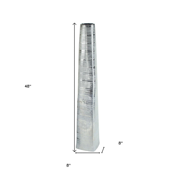 HomeRoots 48" Silver Striped Tapered Ceramic Floor Vase - Tall Decorative Piece for Home & Office Elegance 576736