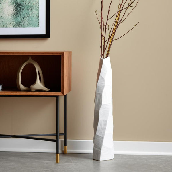HomeRoots 40" Modern White Ceramic Floor Vase - Sculptural Geometric Design for Elegant Home Décor Accents 576737