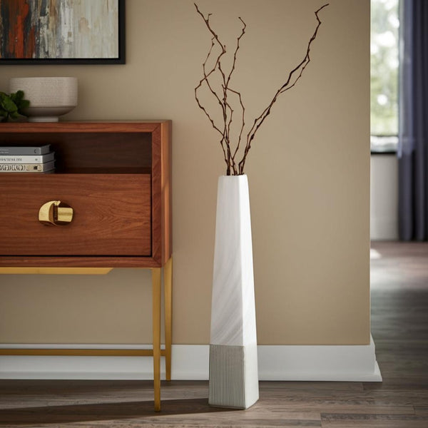 HomeRoots 32" White Faceted Geometric Ceramic Floor Vase - Modern Artisanal Design for Sophisticated Interiors 576739