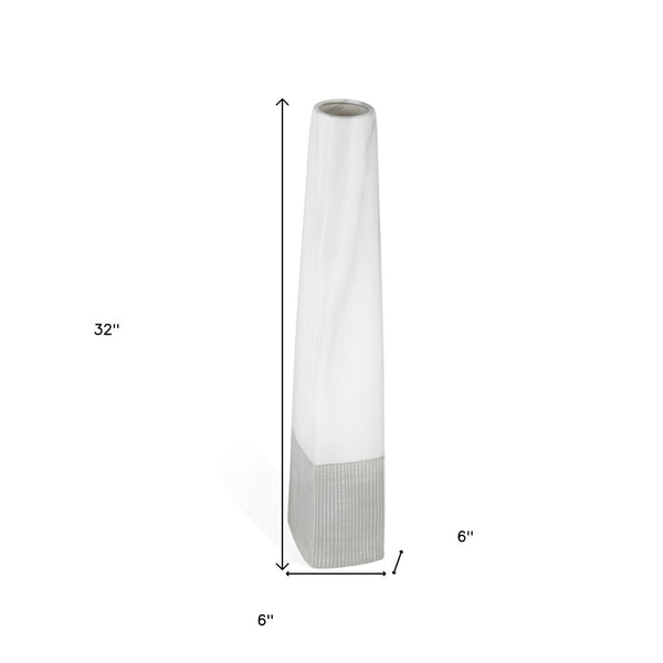 HomeRoots 32" White Faceted Geometric Ceramic Floor Vase - Modern Artisanal Design for Sophisticated Interiors 576739