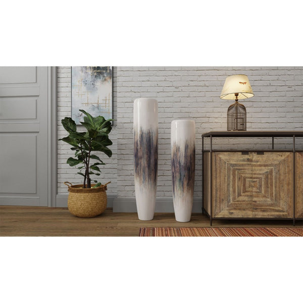HomeRoots 47" Elegant Abstract Tapered Ceramic Floor Vase - Cream, Blue & Brown for Coastal & Modern Decor 576744