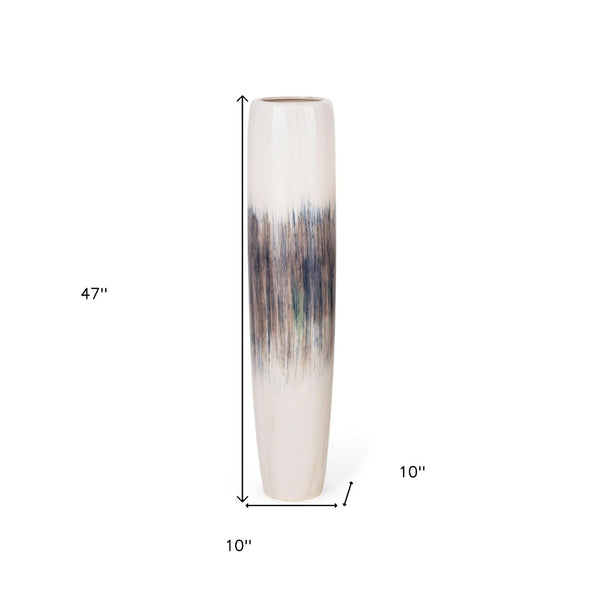 HomeRoots 47" Elegant Abstract Tapered Ceramic Floor Vase - Cream, Blue & Brown for Coastal & Modern Decor 576744