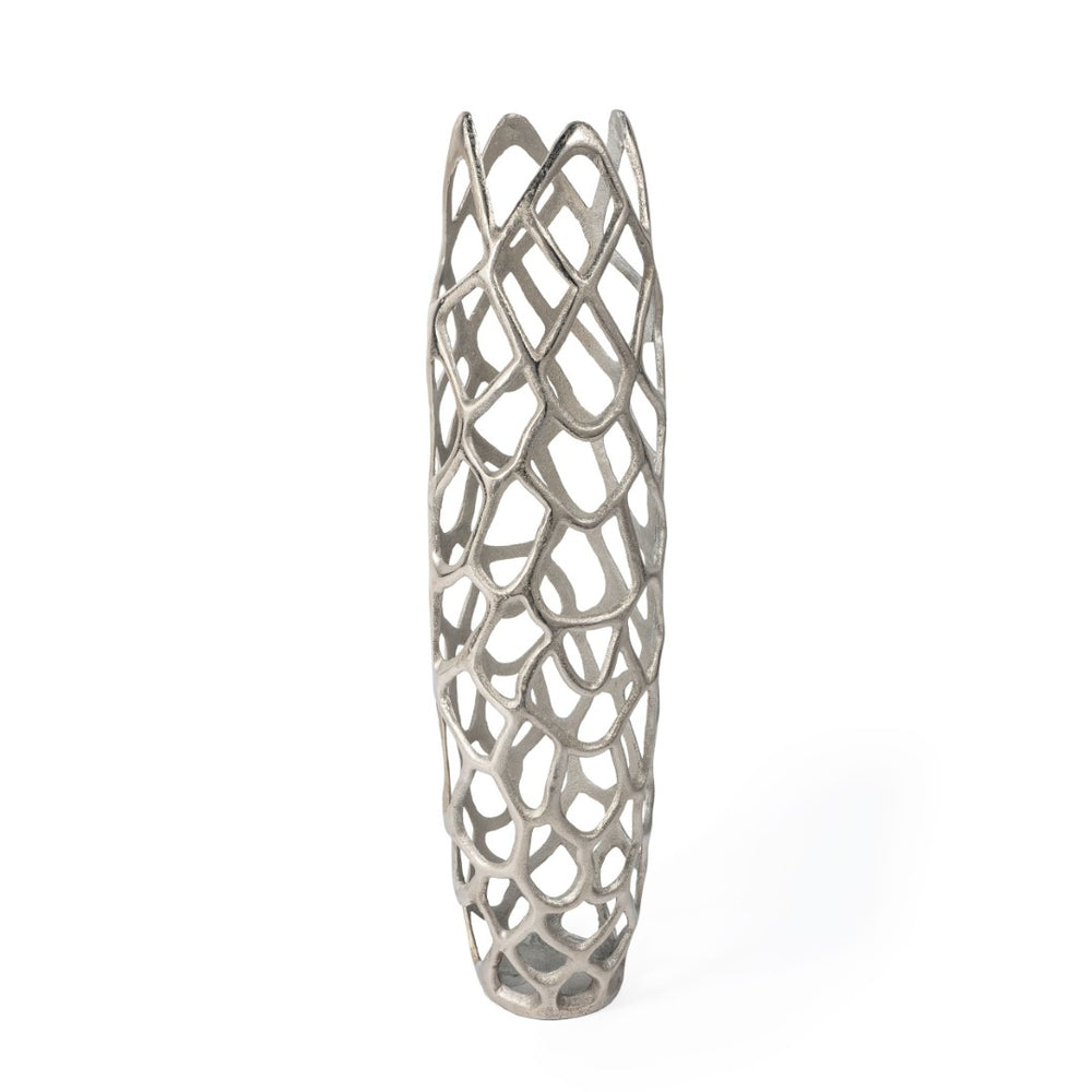 HomeRoots 30" Silver Abstract Pierced Floor Vase - Sculptural Cast Aluminum for Modern Interiors & Decor 576750