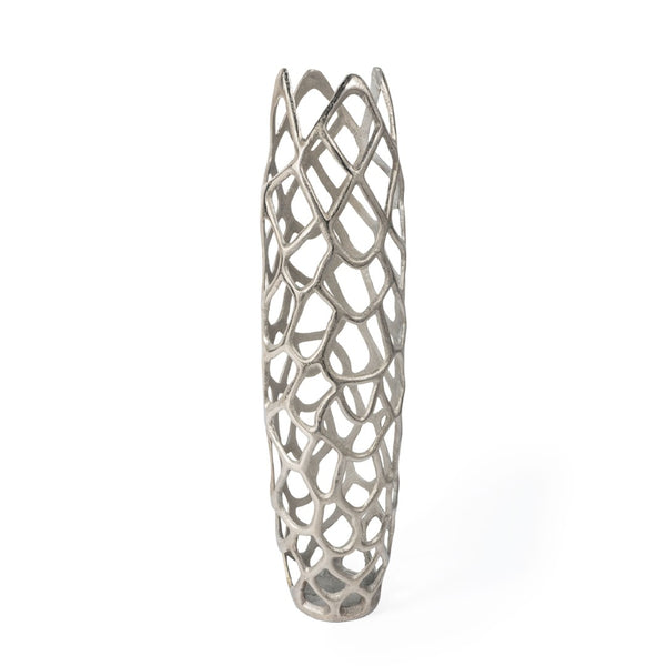 HomeRoots 30" Silver Abstract Pierced Floor Vase - Sculptural Cast Aluminum for Modern Interiors & Decor 576750