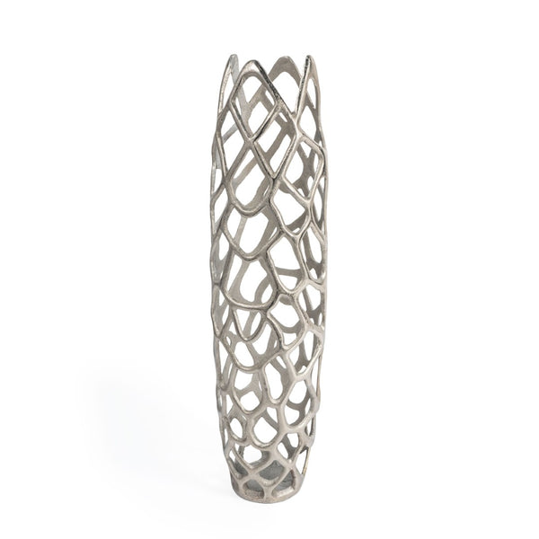 HomeRoots 30" Silver Abstract Pierced Floor Vase - Sculptural Cast Aluminum for Modern Interiors & Decor 576750
