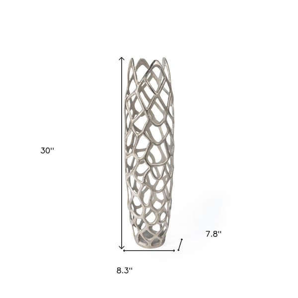 HomeRoots 30" Silver Abstract Pierced Floor Vase - Sculptural Cast Aluminum for Modern Interiors & Decor 576750