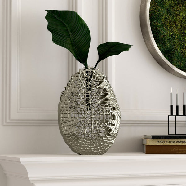 Homeroots 14" Silver Pierced Aluminum Table Vase - Modern Abstract Design For Chic Home Decor & Floral Arrangements  Aluminum 576760