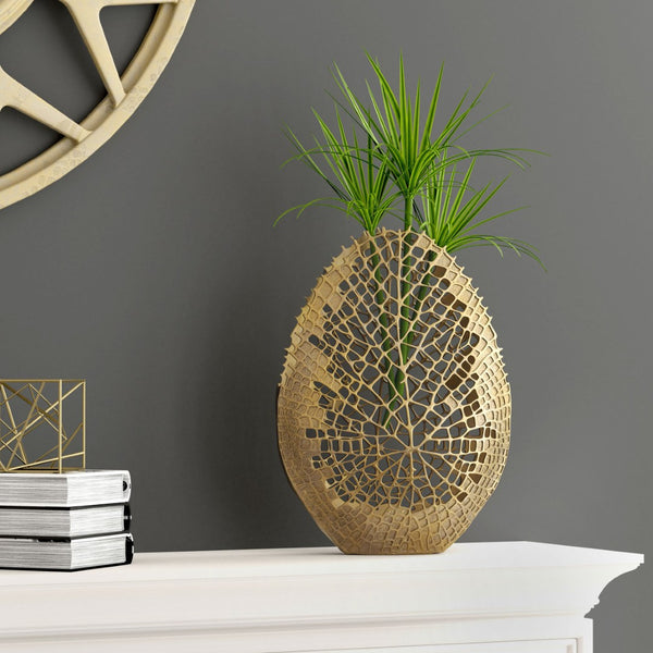 HomeRoots 18" Gold Abstract Oval Table Vase - Artisanal Aluminum Design for Modern Home Décor & Gifting 576761
