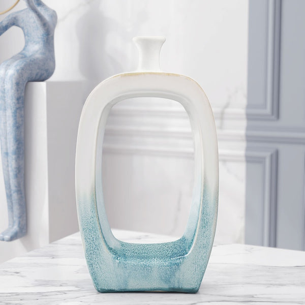 Homeroots 18" Aqua And White Ombre Ceramic Table Vase - Elegant Modern Accent For Home Decor & Flowers  Ceramic 576765