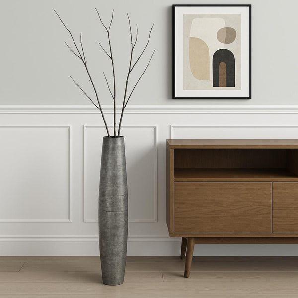 HomeRoots 49" Silver Ceramic Cylinder Floor Vase - Modern Home Decor Accent for Elegant Floral Arrangements 576770