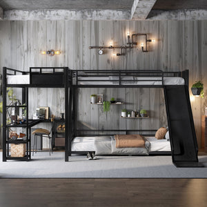 English Elm L-Shaped Metal Bunk Bed With Twin Xl Loft, Queen Bed, Desk, Shelves & Slide - Space-Saving Design! W1580S00279