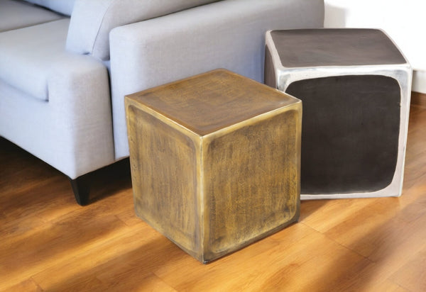 HomeRoots Set of Two Vintage-Industrial Aluminum Square End Tables in Black, Silver, and Brass Finish 576789