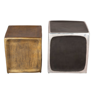 HomeRoots Set of Two Vintage-Industrial Aluminum Square End Tables in Black, Silver, and Brass Finish 576789