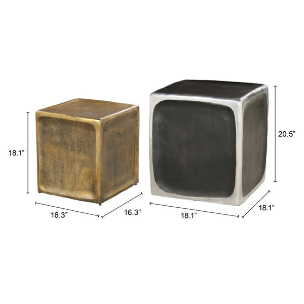 HomeRoots Set of Two Vintage-Industrial Aluminum Square End Tables in Black, Silver, and Brass Finish 576789