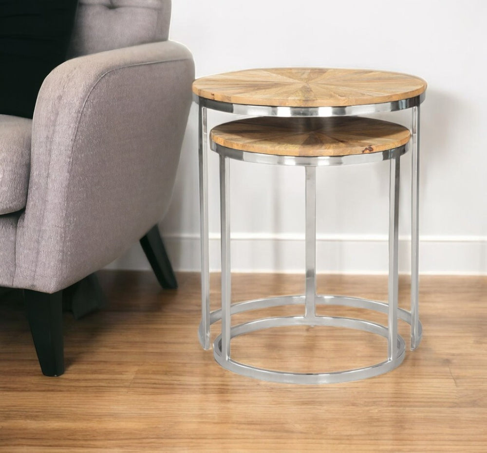 HomeRoots Set of Two Modern Natural Acacia Wood and Silver Iron Nested Round Tables for Stylish Living Spaces 576792