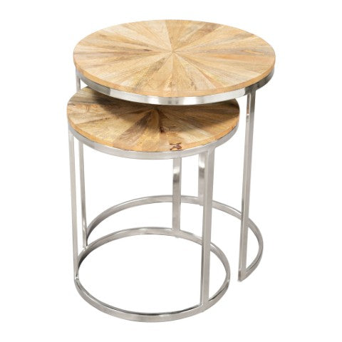 Homeroots Set Of Two Stylish Natural Wood And Silver Iron Nested Tables For Versatile Home Decor Solutions   576792