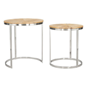 Homeroots Set Of Two Stylish Natural Wood And Silver Iron Nested Tables For Versatile Home Decor Solutions   576792