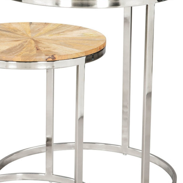Homeroots Set Of Two Stylish Natural Wood And Silver Iron Nested Tables For Versatile Home Decor Solutions   576792